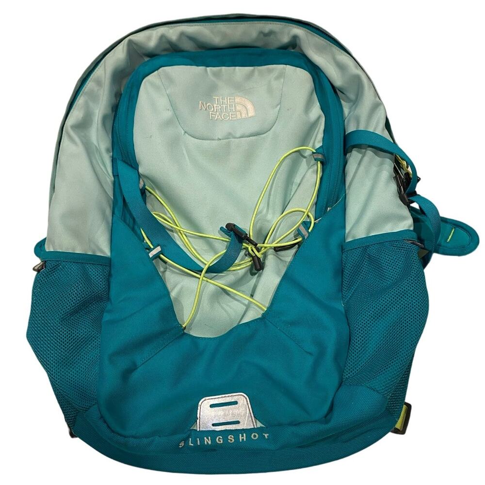 The North Face Slingshot Two Tone Green/Light Blue Multi Pocket Backpack Hiking